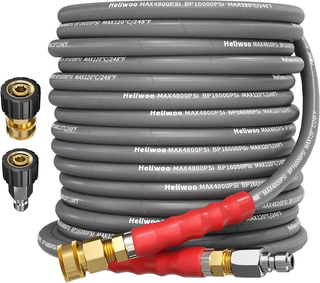3/8'' Pressure Washer Hose 50 FT, Hot and Cold Water Power Washer Hose Max 248F, Commercial Industrial Grade Steel Wire Braided Kink Proof Extension Hose with 3/8 Quick Connect 4800 PSI