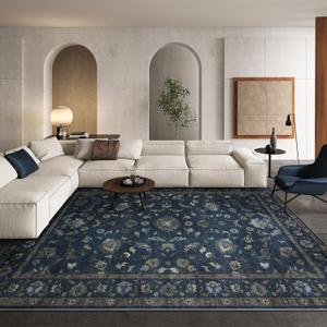 Wonnitar Vintage Floral Rugs for Living Room, Washable 8x10 Area Rugs, Low Pile Non Shedding Stain Resistant Rugs for Bedroom Dining Room Home Office Department,(Blue,8x10)