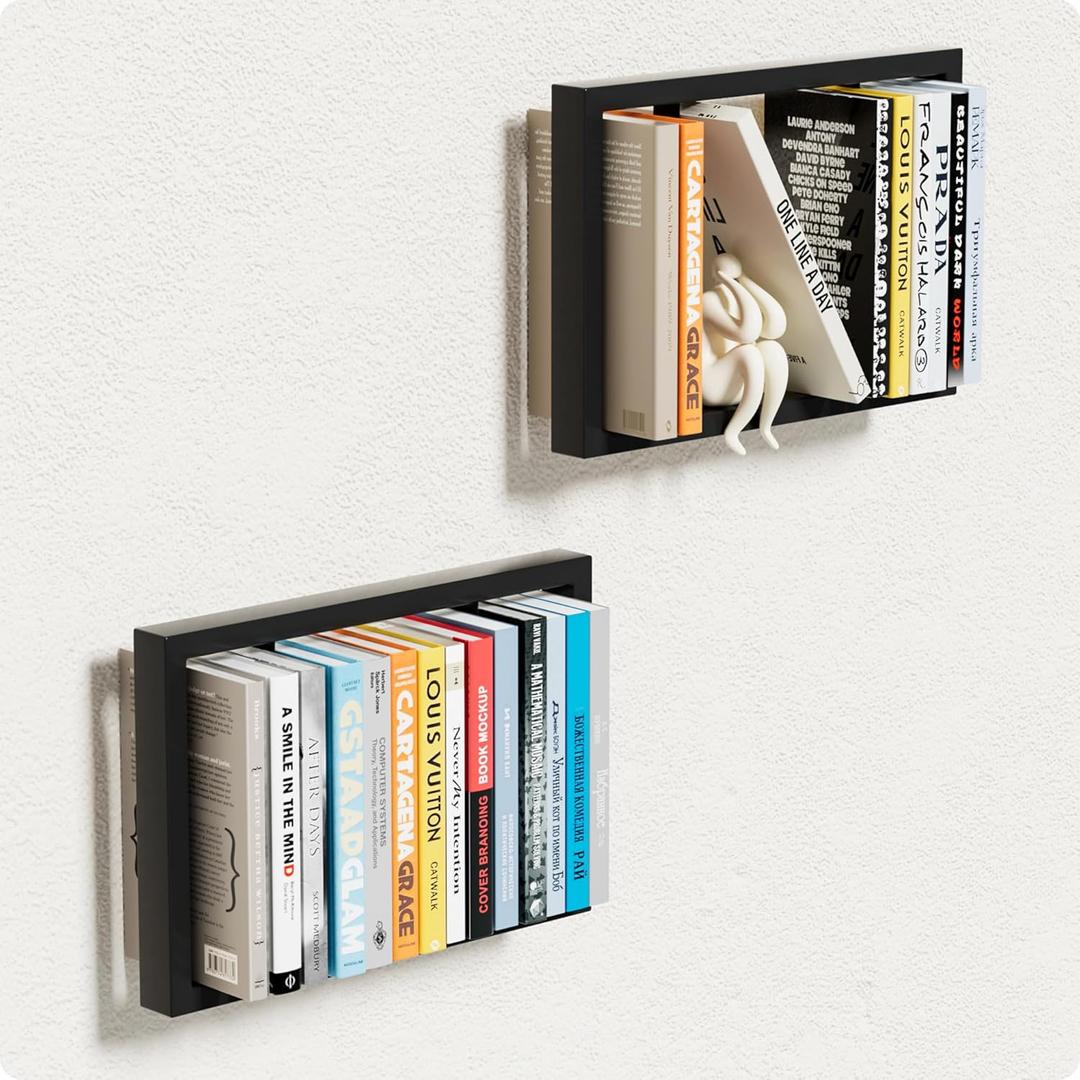 Floating Book Frame Wall Mount - Invisible Metal Bookshelves for Home Decor, Set of 2 Modern FloatingShelves for Bedroom, Living Room & Office - Black (16.5 in)
