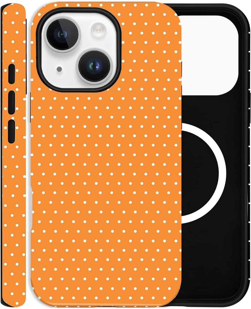 Magnetic Case for iPhone 15 Plus, Compatible with MagSafe, Aesthetic Polka Dot Cute Design for Women, Hybrid 2-Layer Hard Shell Phone Cover, Orange