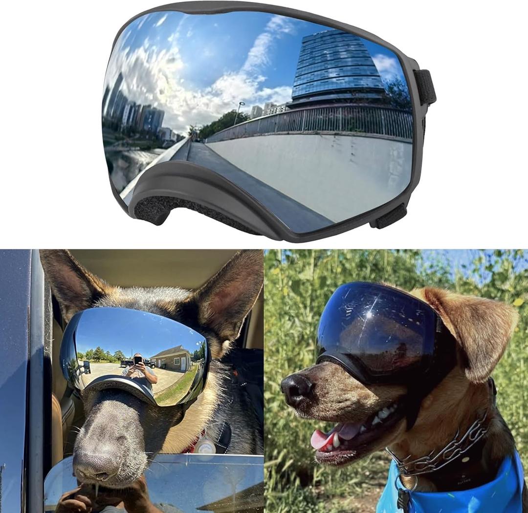 NAMSAN Dog Goggles for Large Dogs, Black/Silver Lenses Replaceable, Dog Sunglasses Medium to Large Breed, Anti-UV Doggie Eye Protection, Adjustable Driving Glasses, Windproof Dustproof, Black