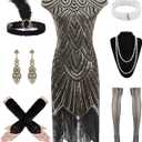 WILDPARTY 1920s Women Flapper Dresses Sequin Dresses Vintage Lace Fringed Cocktail Dress with 20s Accessories Set (3X-Large, Black-gold)