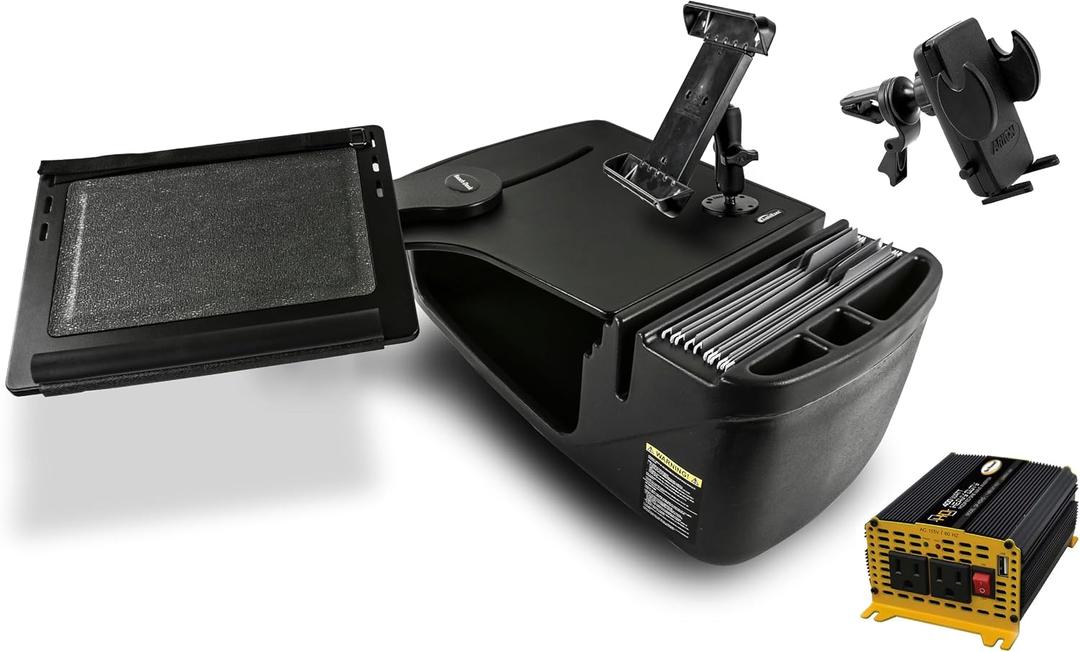 AutoExec Reach Desk Front Seat Car Desk and Portable Workstation with 400 watt Power Inverter, Tablet Mount and Phone Vent Clip, Black