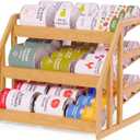 HOMESTEAD Bamboo Can Organizer for Pantry - 3 Tier Rack with Adjustable Dividers, Gravity Feed Canned Goods Organizer, 36 Cans Soda Storage