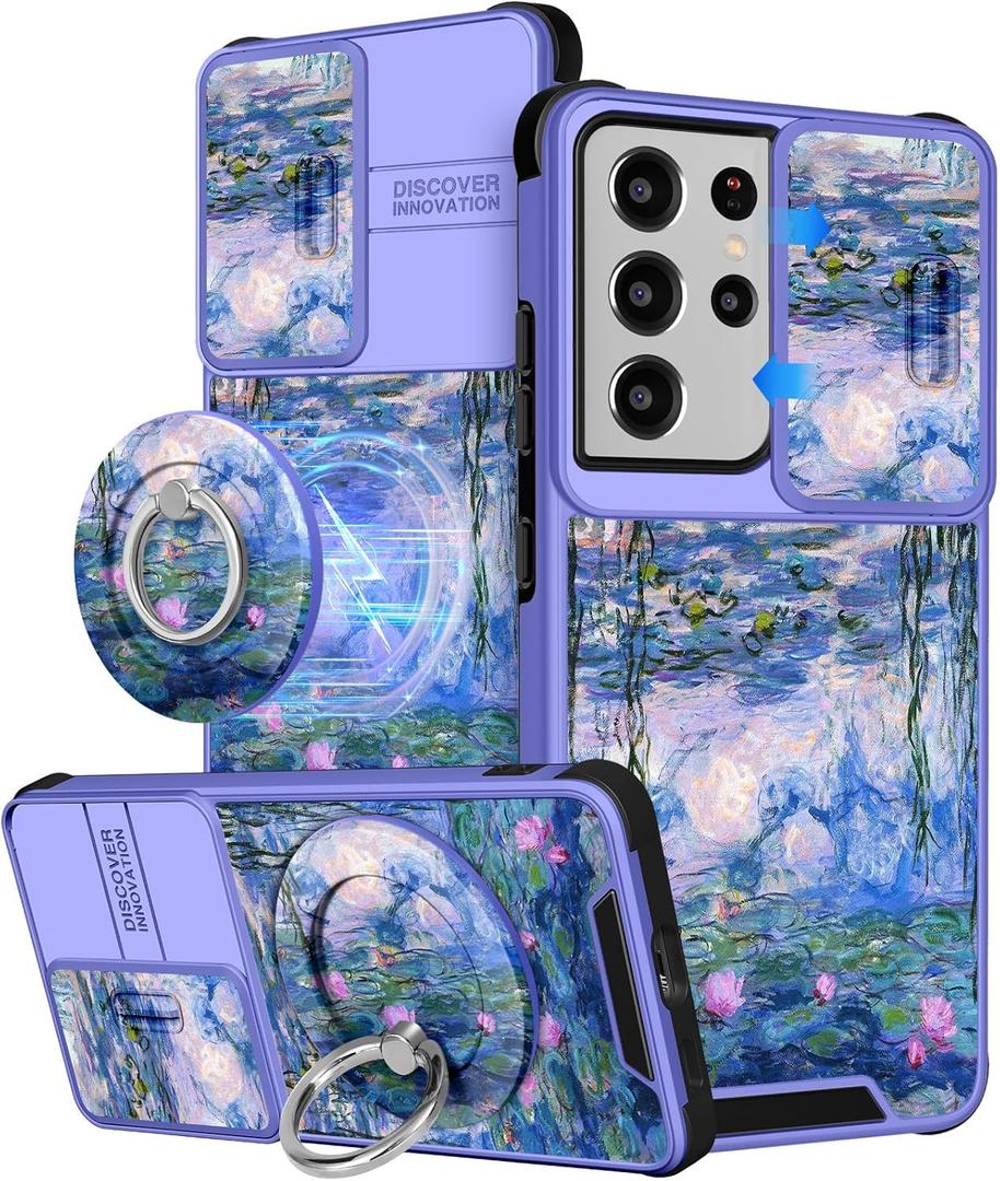 Buleens for Samsung Galaxy S21 Ultra Case 6.8 Inch - with Ring Stand & Camera Cover Aesthetic Cute Designed Women Girls Girly Blue Water Lily for Samsung S21 Ultra 5G Case Compatible with Magsafe