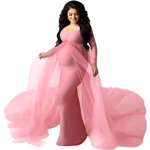 Women Off Shoulder Long Sleeve Maternity Dress Tulle Elegant Slim Fit Gown Baby Shower Photography Maxi Dress for Photo Shoot (Pink, XXL)