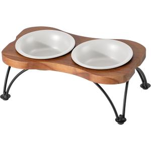 Ceramic 5.5-inch Raised Double-Bowl Set with Non-Slip Stand, 1 Cup Food or 9.5oz Water Dishes for Puppies and Cats, Wide Opening with Rounded Edges(Matt White)