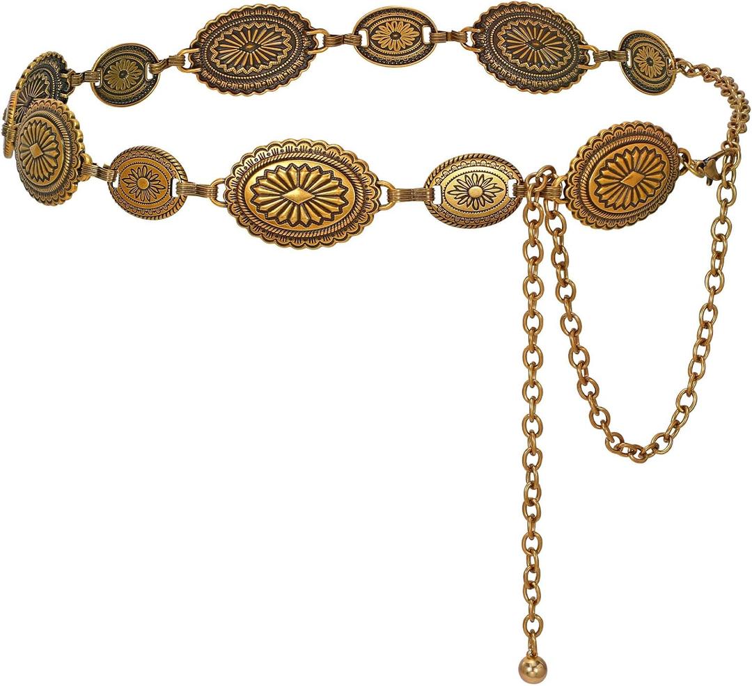 WERFORU Western Chain Belt for Women Metal Chain Belt Metal Concho belt women Boho Chain Belt (Fit Waist Size 25"-32")