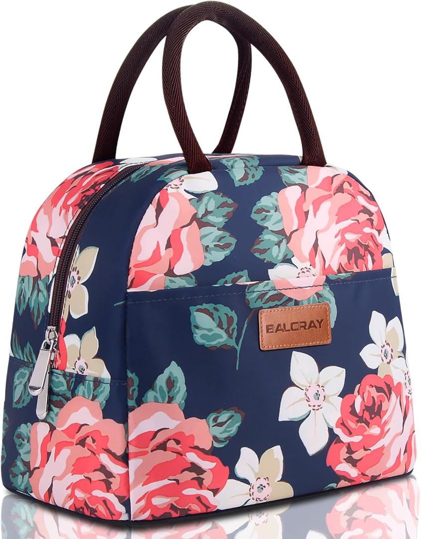 BALORAY Lunch Bag for Women Men Cute Reusable Insulated Lunch Box Large Capacity Lunch Tote Bag for Work, Picnic or Travel(Blue With Big Flower)
