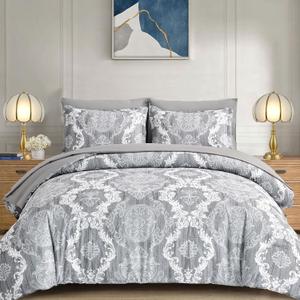 WONGS BEDDING Grey Comforter Set King Size, Damask Texture 7 Pieces Gray Bed in a Bag Microfiber Boho Comforter Bedding Sheet Set with Comforter, Flat Sheet, Fitted Sheet,Pillow Shams,Pillowcases