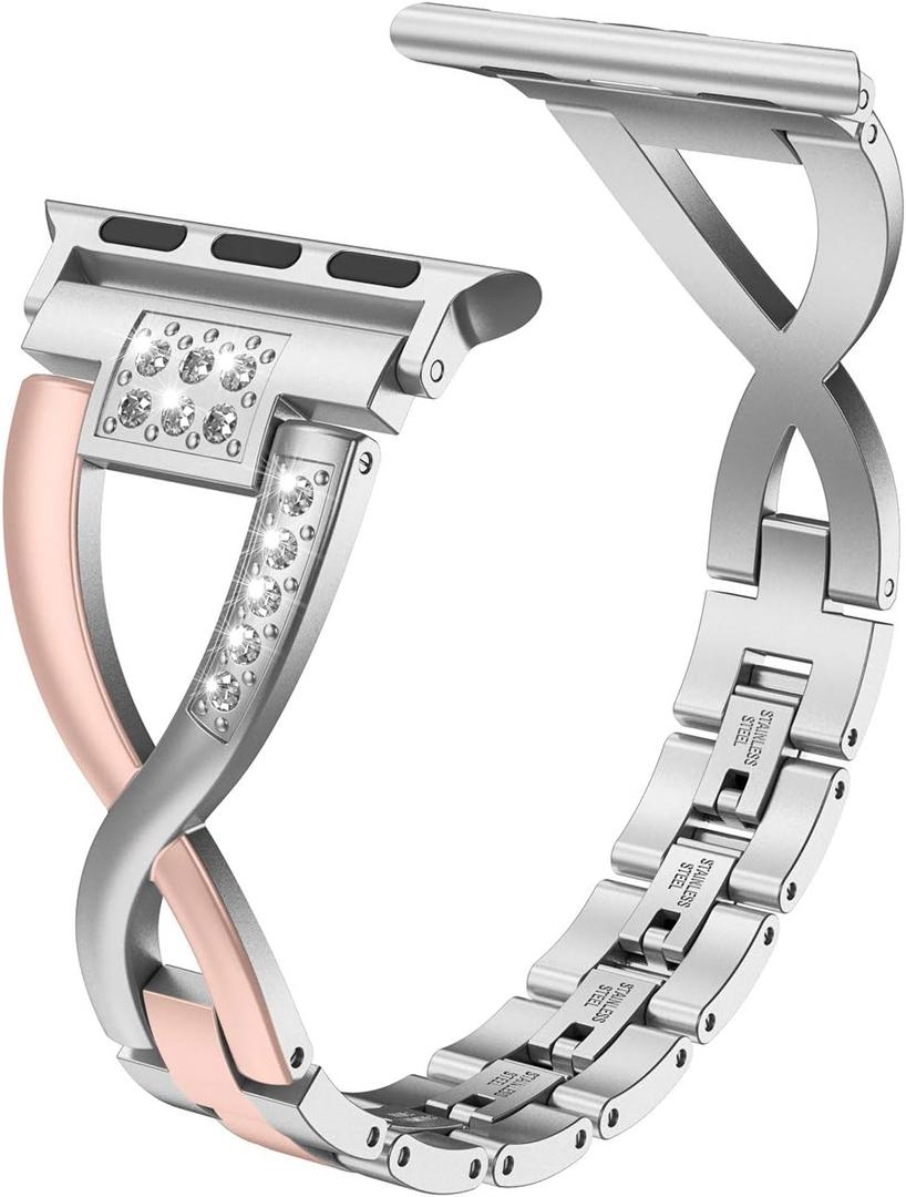 Wearlizer Bling Gold Silver Compatible with Apple Watch Bands 38/40/41/42mm 2-Tone Womens X-Link Rhinestone Wristband Dressy Metal Bracelet for iWatch Series 11 10 9 8 7 6 5 4 3 SE/Ultra 3 2 1