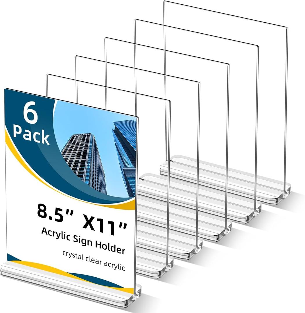 Acrylic Sign Holder 8.5 x 11 Clear Sign Display T Shape Table Paper Stands for Home Wedding Office School Restaurant (6 Pack)