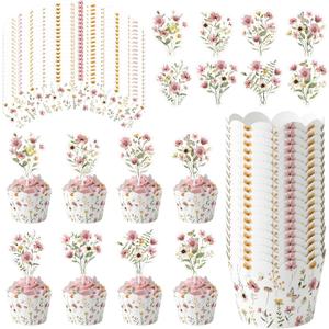 96 Pcs Spring Wildflower Cupcake Toppers and Wrappers Pink Floral Cupcake Picks and Liners for Birthday, Wedding, Bridal Shower, Baby Shower, Garden Spring Party Decorations