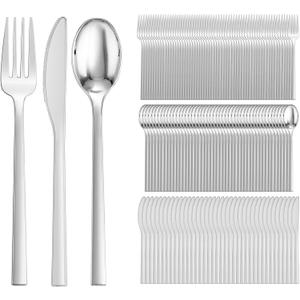 DaYammi 150 Pcs Silver Plastic Silverware, Silver Disposable Cutlery Heavy Duty Disposable Silverware Include: 50 Plastic Forks, 50 plastic Spoons and 50 Knives for Party Wedding