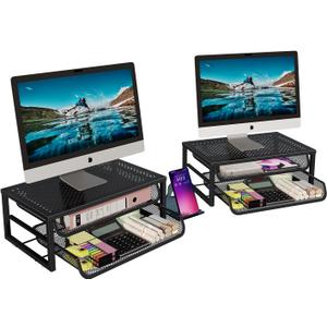 2 Pack Desk Organizer and Accessories, 2-Tier Metal Computer Monitor Stand Riser with Drawer, Desk Accessories & Workspace Organizers for Home Office Supplies, Black