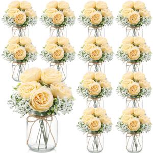 Zeyune 12 Sets Mason Jar Centerpiece Table Decorations, Artificial Peony Baby's Breath Flower Bouquets, Faux Flowers with Vase, Rustic Decor Gifts for Home, Wedding, Holiday (Champagne)