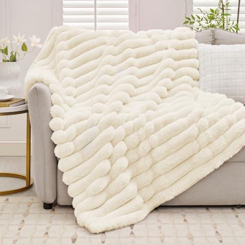 Tejoe Cozy Soft Faux Fur Blanket, Super Heavy Warm Fluffy Thick Throw for Couch & Bed Home Decor, Fuzzy & Plush Striped Blanket for Women, 60"x80", Beige