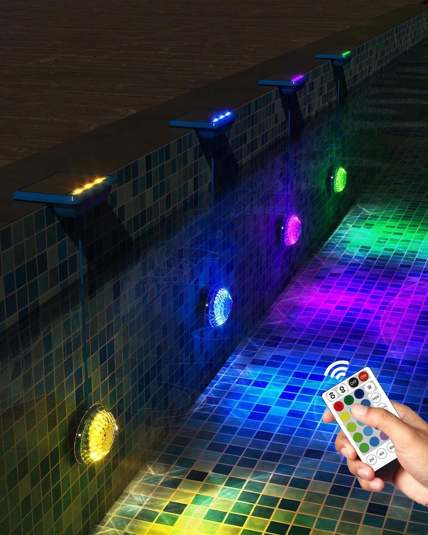 Solar Pool Lights, Solar Powered Submersible LED Lights with Remote IP68 Waterproof Swimming Pool Lighting,16 Colors Underwater Pool Light for Above Ground Inground Pool, Pond (Blue, Pack of 4)