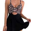 B2prity Women Cutout One Piece Skirt Swimsuit V Neck Wrap Tie Back Swimdress Tummy Control Bathing Suits (Large, Leopard)