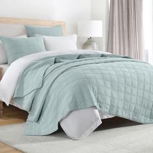 HORIMOTE HOME 100% Cotton Quilt Set Queen Size, Paleturquoise Pre-Washed Bedspreads Coverlet Set in Geometric Pattern, Cozy Lightweight Stitching Decorative Bedding Cover with 2 Shams for All Season
