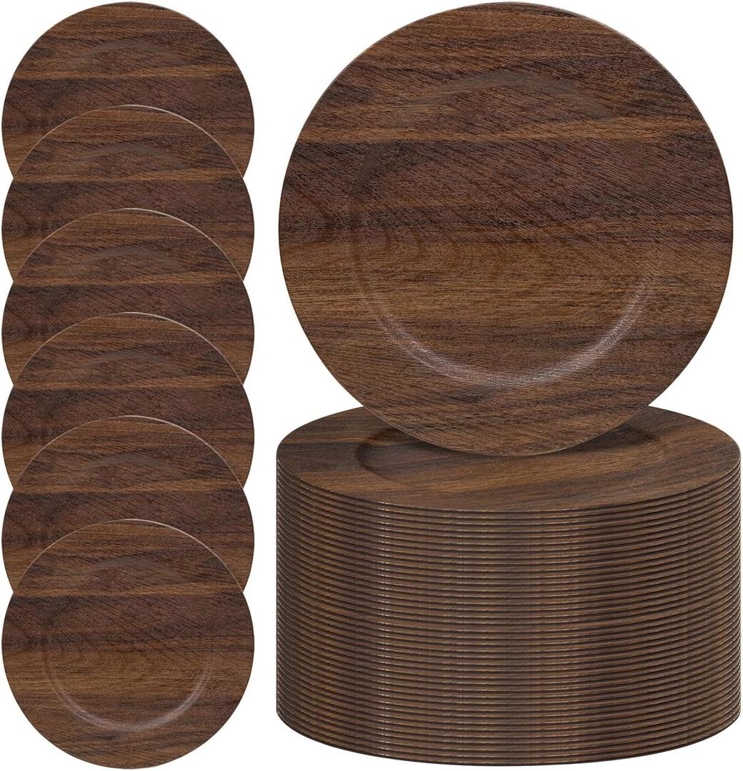 MAONAME 50 PC Charger Plates Bulk, 13" Brown Charger for Dinner Plates, Farmhouse Faux Wood Plate Chargers, Plastic Table Chargers for Weddings, Party