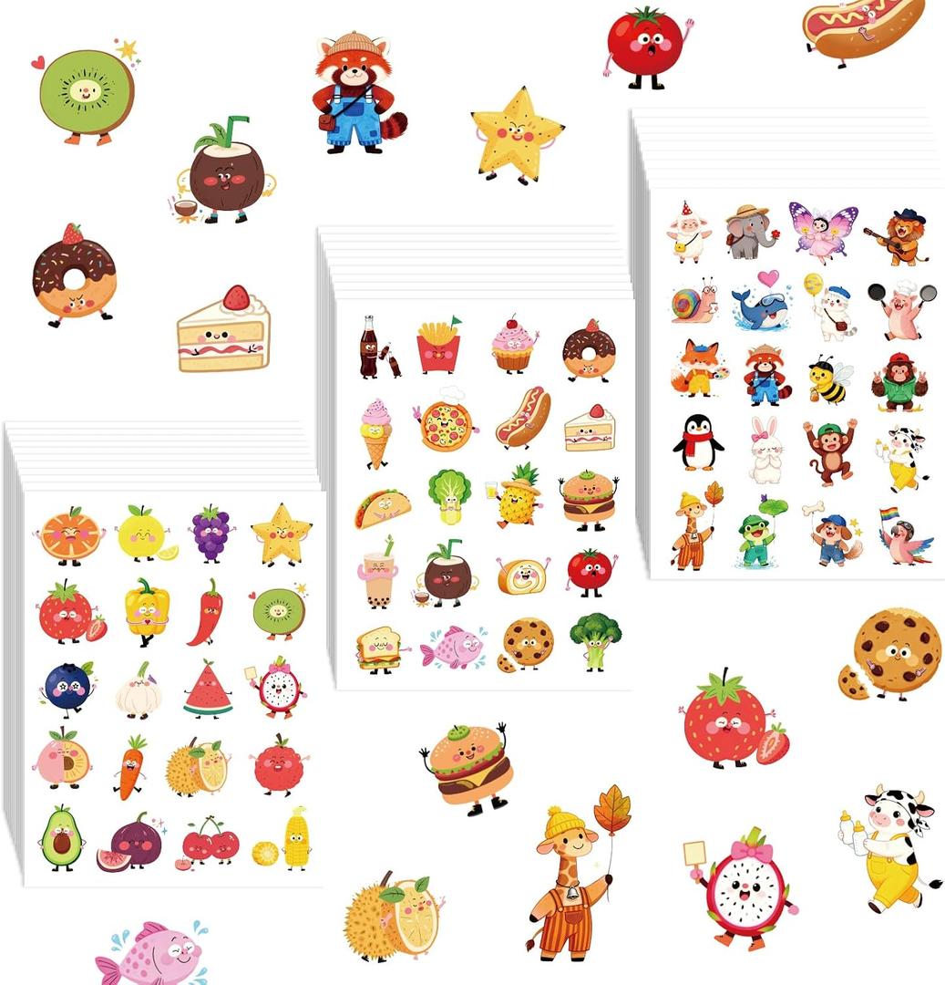 2 x 600 Pcs Animal Fruit Food Stickers for Kids, Cute Stickers 30 Sheets for Boys, Girls, Party Favors, Classroom, Prizes for Kids