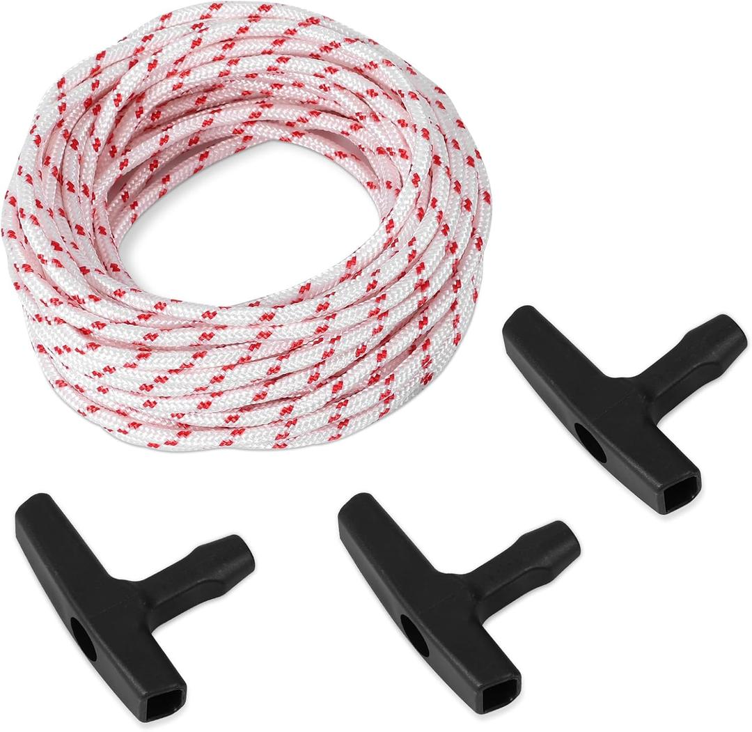 BOXOB 3pcs Gas Engine Handles & Pull Cord, 32ft High Strength Replacement Recoil Starter Rope Pull Cord Generator Recoil Starter Rope for Chainsaws, Lawn Mowers, Briggs & Stratton, Husqvarna, STIHL