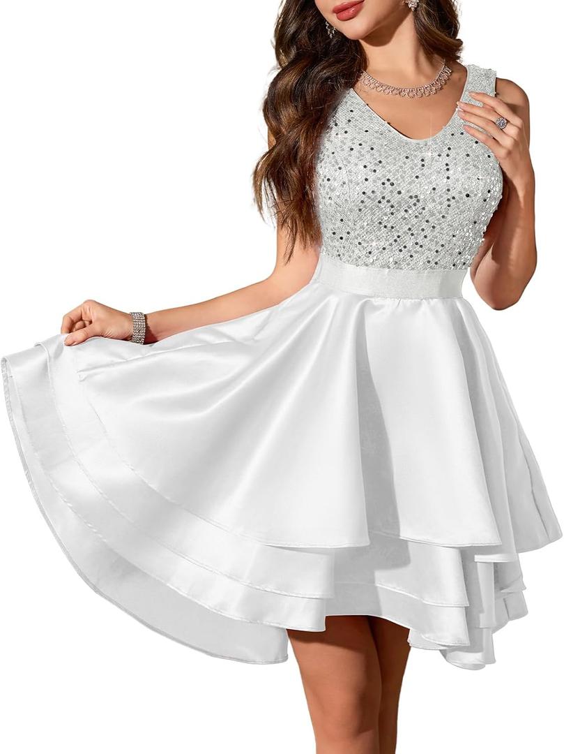 Meetjen Women's Short Prom Dresses for Teens Formal Sequin High Low Satin Bridesmaid Cocktail Party Homecoming Dress XXL