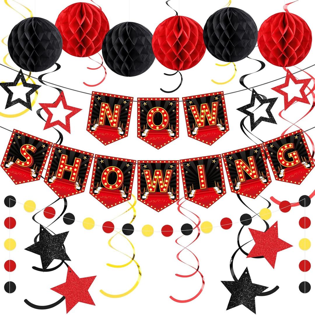 TaoBary 24 Pcs Movie Night Party Decorations Movie Theme Now Showing Banner Hanging Swirls Honeycomb Balls Cardboard Garland and Stars Movie Theater Themed Supplies for Birthday Party Film Red Carpet TaoBary 24 Pcs Movie Night Party Decorations Movie Theme Now Showing Banner Hanging Swirls Honeycomb Balls Cardboard Garland and Stars Movie Theater Themed Supplies for Birthday Party Film Red Carpet