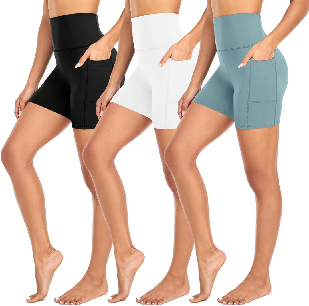 MOREFEEL 3 Pack Biker Shorts Women with Pockets  5" Tummy Control High Waisted Workout Gym Yoga Athletic Shorts (Large-X-Large, 01 Blackwhitegreen)