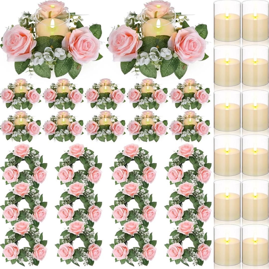 Yunlly 12 Pcs Rose Candle Rings with Flameless Candles Sets, Artificial Flower Eucalyptus Wedding Centerpiece 3 Inch Pillar Candleholders Wreaths for Wedding Party Mother's Day (Pink)