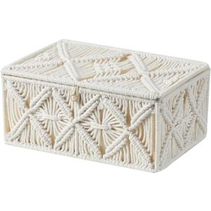 Decorative Boho Storage Baskets with Lid Bohemian Macrame Jewelry Box Handmade Natural Cotton Rope Woven Bins Memory Keepsake Photo Makeup Organizer Shelf Container (Off White, Large)