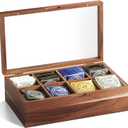 Acacia Wood Tea Bag Organizers, Tea and Sugar Packet Storage Chest,Wooden Teabag Holder Containers,Teabox Storage Box with 8 Compartments and Clear Acrylic Top Window