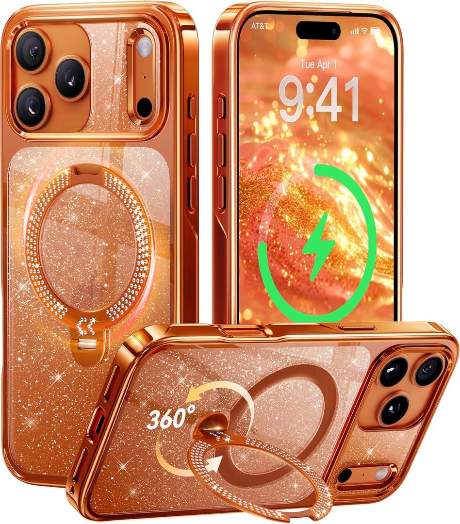 CASEKOO Cosmic Orange Swarovski Sparkle 360 Spin Magnetic Stand for Glossy iPhone 17 Pro Case for Women, Fit for MagSafe, 17FT Drop Protection, Design for 17 Pro Case, Diamond Orange Sparkle