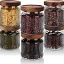 6 Pcs 500ml/17 oz Vintage Glass Storage Jar Glass Containers with Wood Lid Ribbed Pattern Airtight Kitchen Spice Containers for Pantry, Coffee Bean, Grains, Tea, Sugar, Flour, Candy, Oats