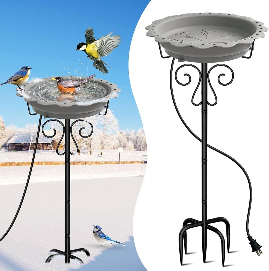 Heated Bird Bath for Outside Winter, Powerful 100W Thermostat Control Heated Bird Baths for Outdoors with 5-Prong Metal Stake, Heated Birdbath Water Heater for Garden Yard Patio Lawn (Grey) (Gray)