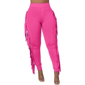Choichic Women's Casual High Waist Fringed Pants With Elastic Waist - Bodycon Tassels Side Long Jogger Sweatpant (Pink, S)