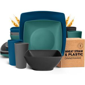 Teivio 16-piece Plastic Wheat Straw Square Dinnerware Set for 4, Unbreakable Dinner Plates, Salad Plates, Snack Bowls, Tumblers 20 oz, Dishwasher Safe, Coastal Multicolor