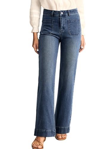 Astylish Jeans for Women Trendy Wide Leg High Waist Stretchy Straight Leg Jeans Loose Denim Pants with Pocket Size 10 Blue