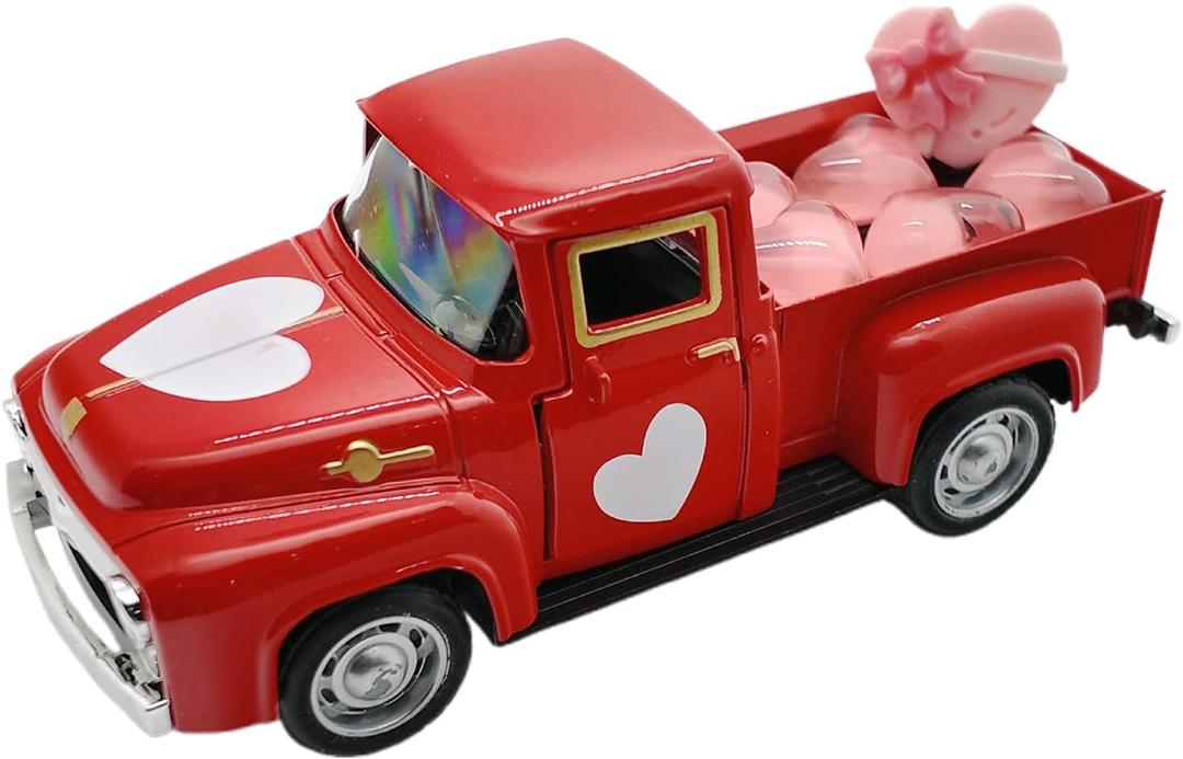 Pickup Truck Model Openable Doors Love Heart Design Vintage Car Figurine for Mother's Day Valentine's Day Decor& Present (Red, One Size)