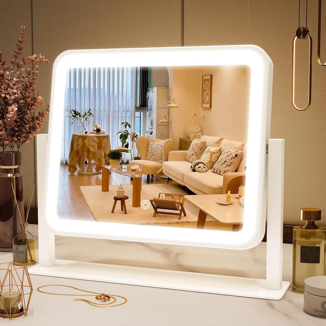 FENNIO Vanity Mirror with Lights 14"12" Makeup Mirror with Lights,Lighted Vanity Mirror Tabletop,Smart Touch with 3-Color Lighting,Dimmable,for Vanity Desk Tabletop (12"L x 14"W, White)