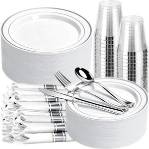 350PCS Silver Plastic Plates Dinnerware Set, Thanksgiving Disposable Plates, 50 Dinner and 50 Dessert Plates, 50 Pre Rolled Napkins with Silverware and 50 Cups for Party and Wedding