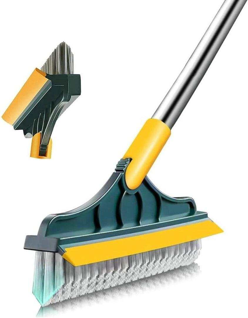 2 in 1 Floor Brush Scrubber with Long Handle Grout Brush 3 Poles 53.5'' New Upgrade Stiff Bristle Cleaning Scrub Brush with Squeegee 120Rotating Tile Brush for Cleaning Bathroom Glass Patio Kitchen (Green)