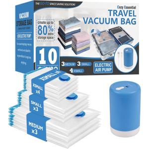 Cozy Essential Travel Vacuum Bags with Electric Pump, 10 Pack Vacuum Travel Bags for Luggage and Suitcase, Vacuum Seal Space Saver Compression for Clothes Clothing