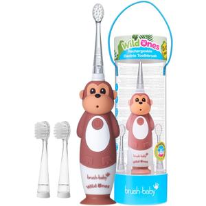 BrushBaby - WildOnes - Kids Rechargeable Electric Toothbrush, Ages 0-10 - Monkey Design with Flashing Lights - DeepClean Bristles for Superior Cleaning - 2 Replacement Brush Heads, 1 USB Cable
