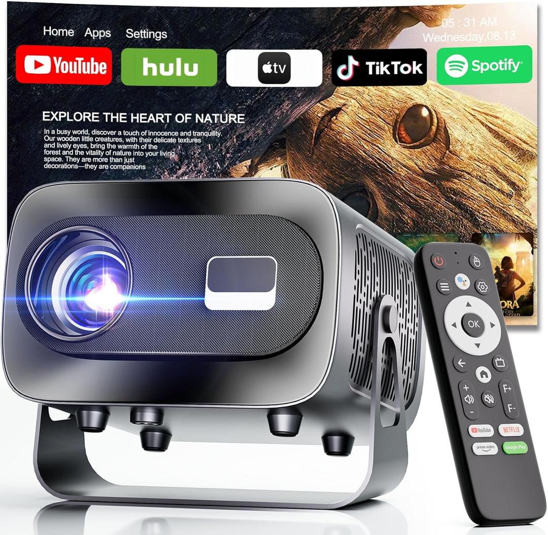 Projector with WiFi and Bluetooth, Electric Focus & Vertical Keystone, 1080P HD 4K Support, Smart Projector with Built-in Streaming Apps, Portable Projector for Outdoor & Home Movie