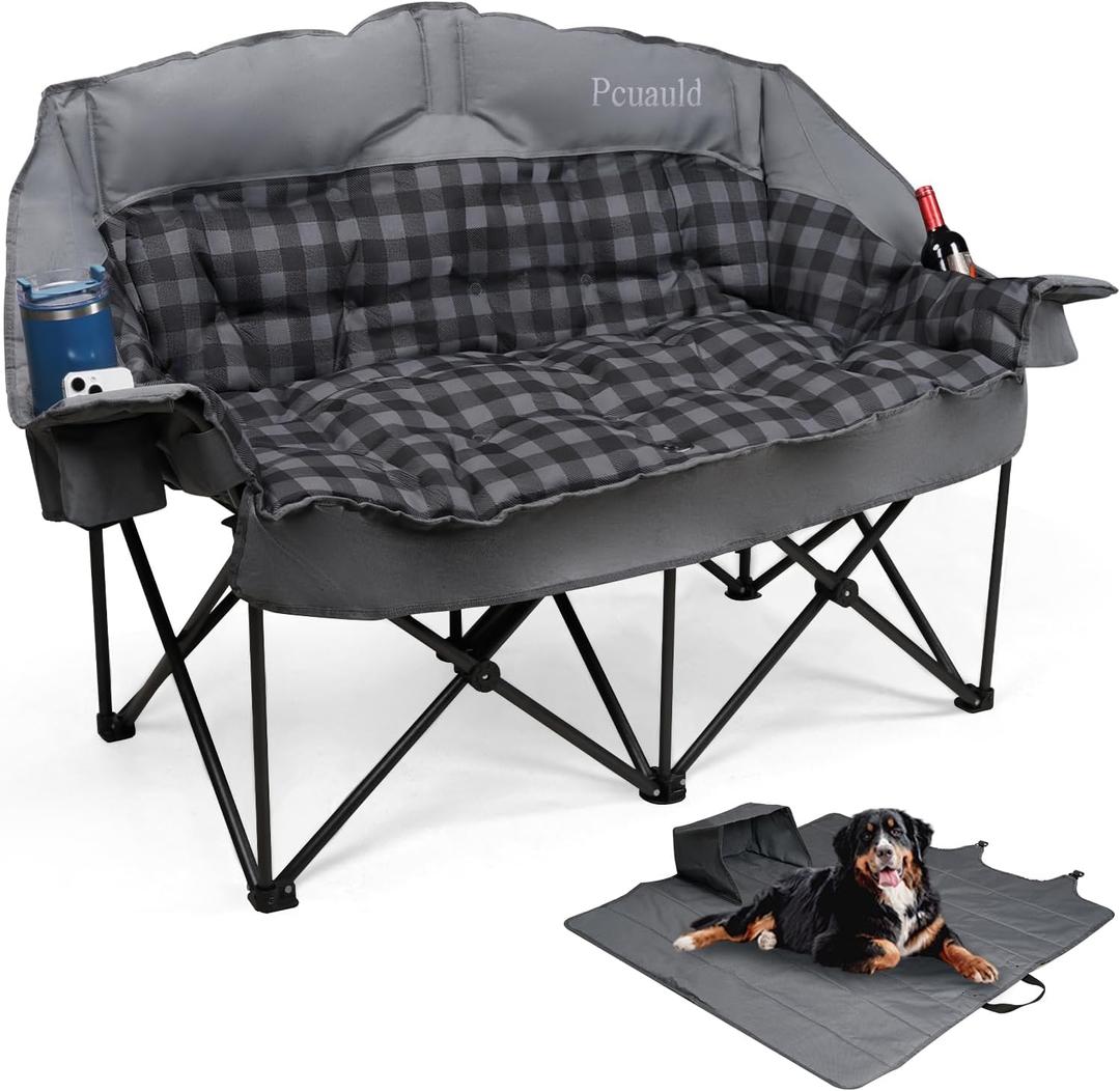 Pcuauld Padded Double Camping Chair Loveseat Oversized Camping Couch, Gray Heavy Duty 2 Person Folding Sofa,2 in 1 Carry Bag Doubles as Dog Bed, Cup Holders & Phone Pouch, 900LBS for Lawn Backyard
