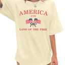 4th of July Shirts Women: USA Shirt American Flag T Shirt Bow Graphic Patriotic Short Sleeve Tee Tops (Beige, L)