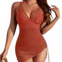 Blooming Jelly Women's One Piece Swimsuit Tummy Control Swim Dress Modest Slimming Bathing Suit Mesh Sarong Wraps Skirt Swim Suits (Brick Red,Large)