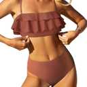 ZAFUL Layered Ruffle Bikini for Women High Waisted Bikini Sets Spaghetti Bandeau Swimsuits Padded Bathing Suit (Small, Soliddust Pink)